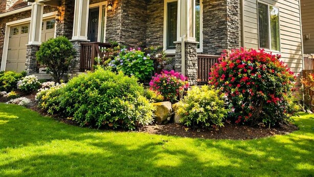 A two-story house with a stone facade, multiple windows, and a well-maintained front yard with various shrubs and flowers. - Modern and Stylish Retreat with Game Room (Tigard)