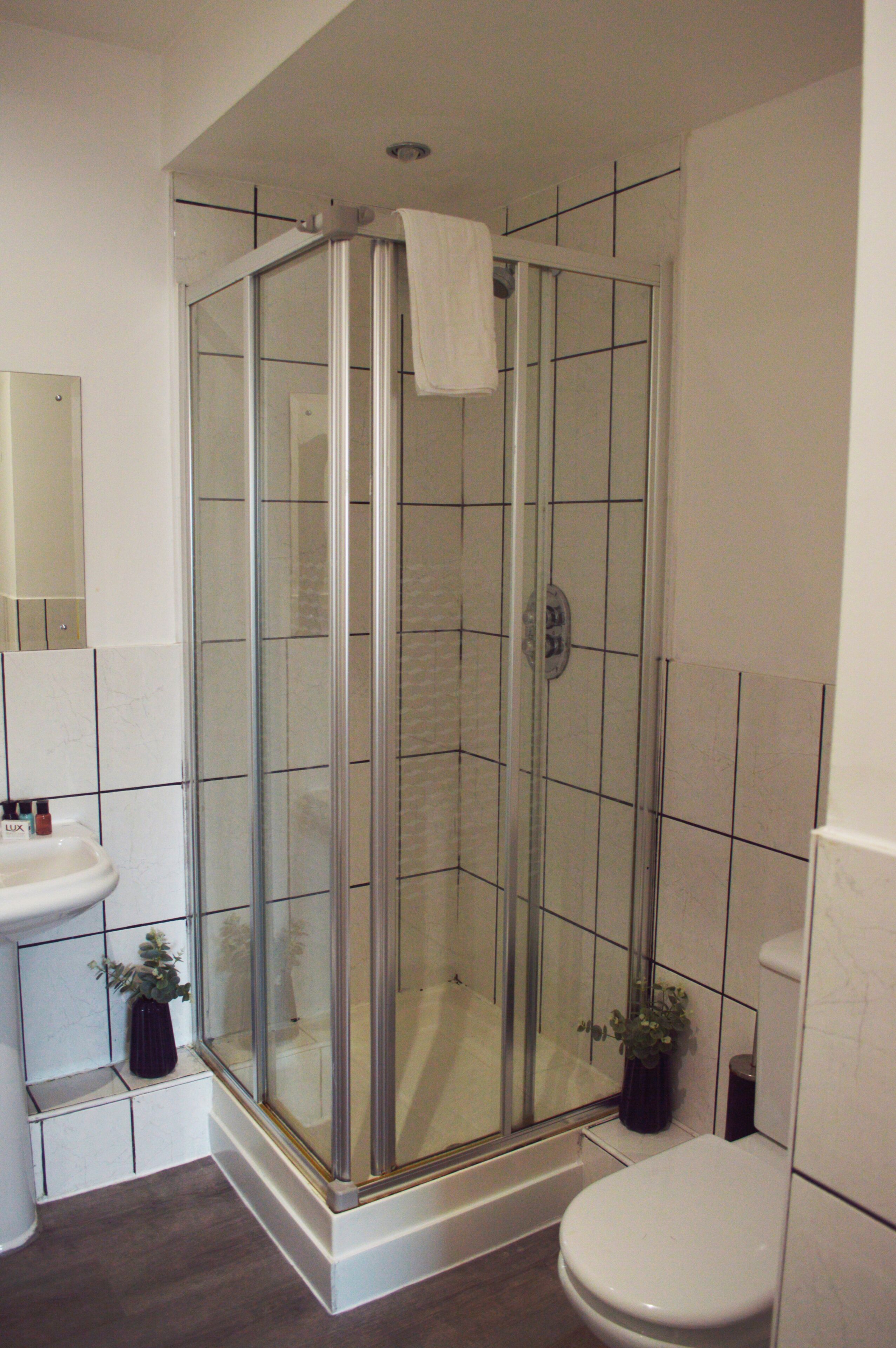 Shower, hair dryer, towels, soap