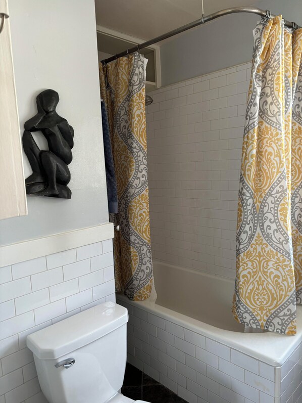 Hair dryer, towels, soap, toilet paper
