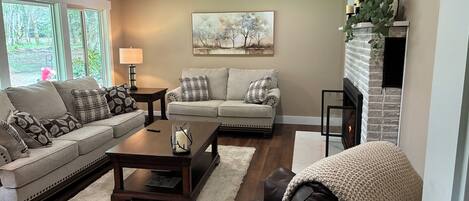 Smart TV, chimenea y libros