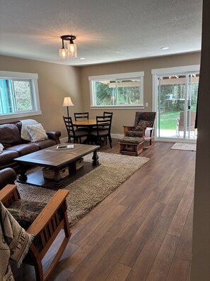 Smart TV, fireplace, books