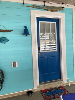 A blue door with a window, a wall-mounted light fixture, a welcome mat, and a small black and white patterned object on the floor.