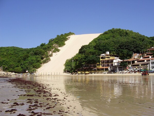 Una playa con una pendiente arenosa que conduce a una colina boscosa, una masa de agua con algas marinas y edificios con sombrillas.