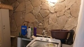 Un espace buanderie comprenant un lave-linge, un évier et un mur en pierre.