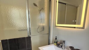 Hair dryer, towels, soap, toilet paper