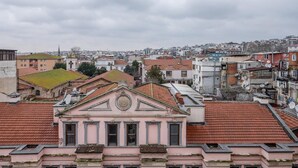 Un paisaje urbano con un edificio rosa destacado, de fachada clásica y con un reloj, rodeado de otras edificaciones residenciales con tejados de tejas rojas.