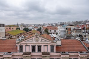 Un paisaje urbano con un edificio rosa destacado, de fachada clásica y con un reloj, rodeado de otras edificaciones residenciales con tejados de tejas rojas.