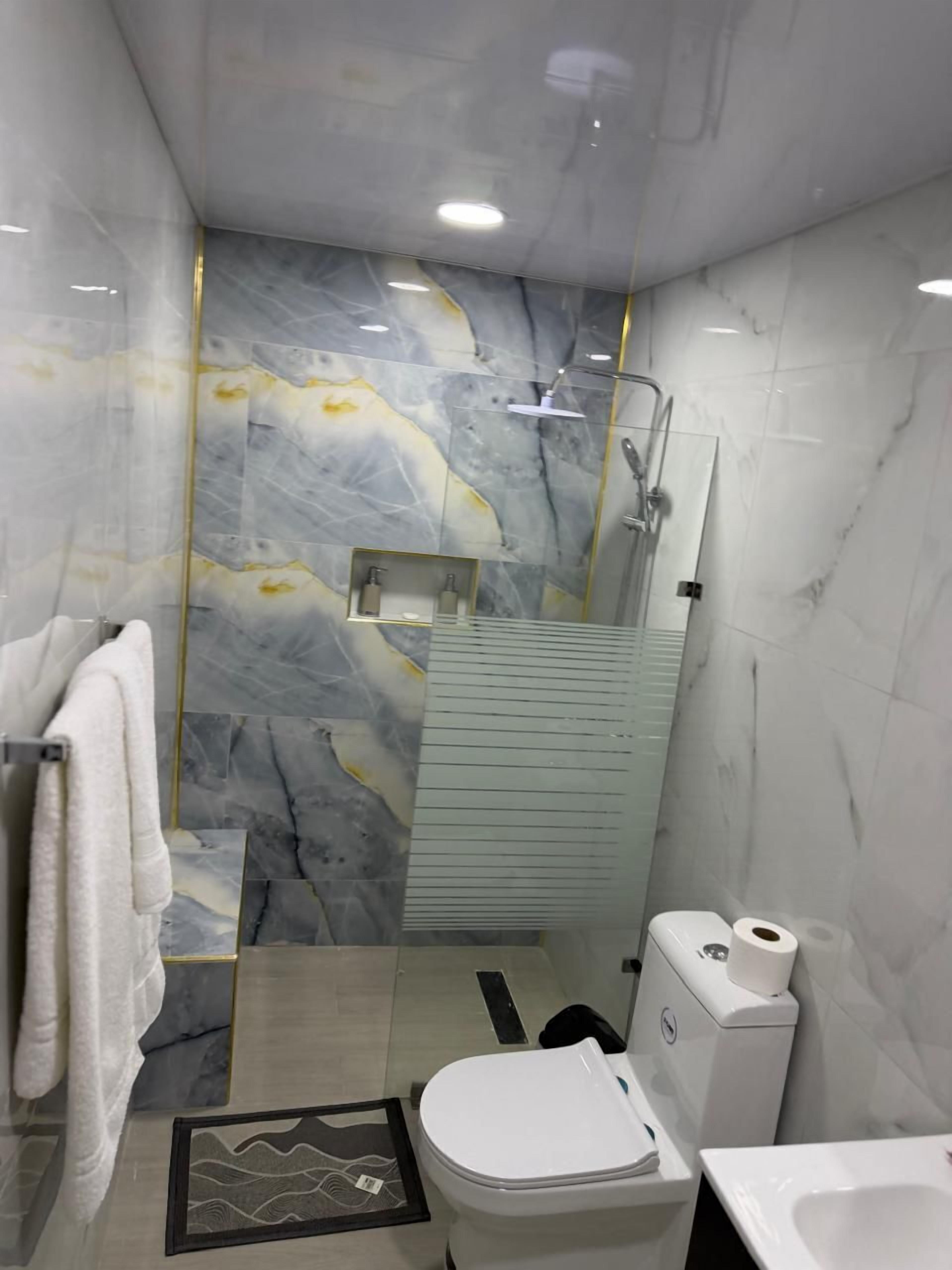 Een moderne badkamer met een douche, toilet en wastafel.