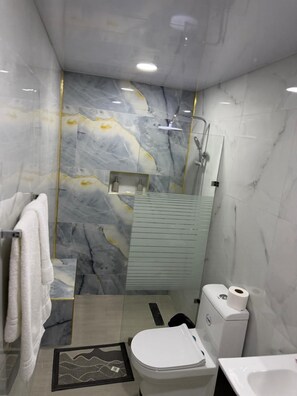Comfort Double Room | Bathroom | Shower, towels, soap, shampoo