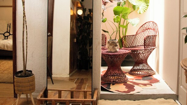 Un umbral que conduce a una habitación con un espejo, una planta en maceta, una silla y una mesa.