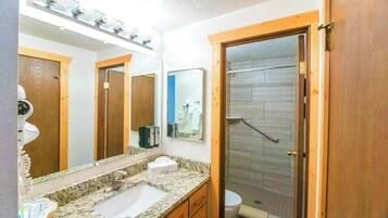 Hair dryer, towels, soap, toilet paper