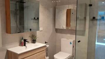 Shower, bidet, towels, toilet paper