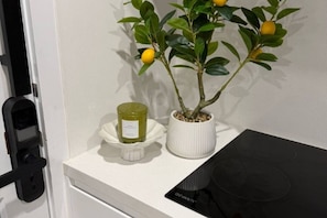 Ein Topf mit einem Zitronenbaum, eine Kerze und ein schwarzes elektronisches Gerät auf einer weißen Fläche.