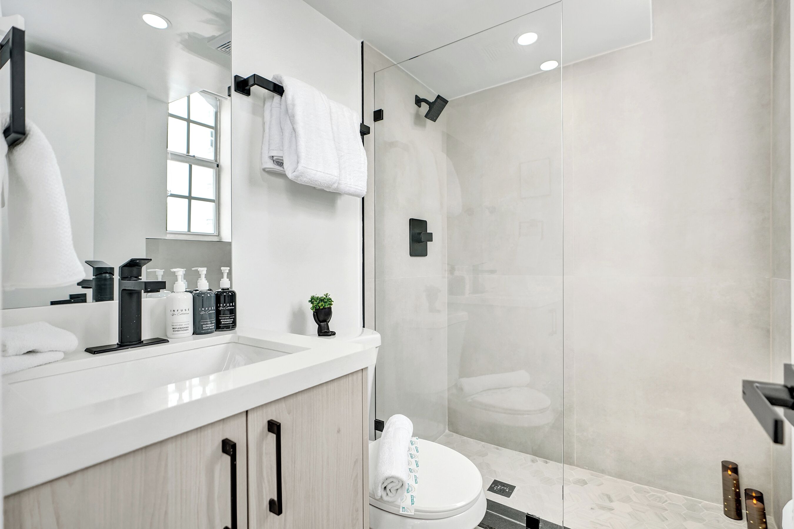 Shower, towels, soap, shampoo