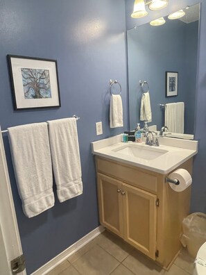 Un baño con lavabo, espejo y dos toallas colgadas en un perchero.