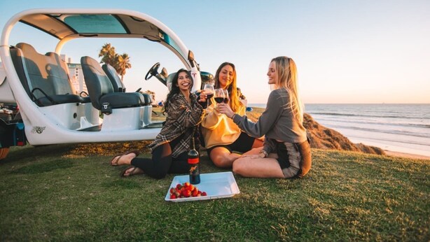Three people sitting on grass near a white vehicle with a sunroof, holding drinks and a plate of strawberries. - 3bed 2bath beach cottage Steps to the Sand in MB (San Diego)