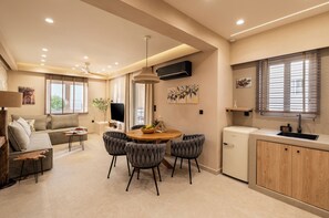 Living area - Rustic Boutique Retreat with Live Olive Tree, Parking and 1Gbps Fiber Internet (Peristeri)