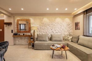 Living area - Rustic Boutique Retreat with Live Olive Tree, Parking and 1Gbps Fiber Internet (Peristeri)