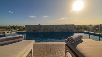 Outdoor pool, pool umbrellas, pool loungers