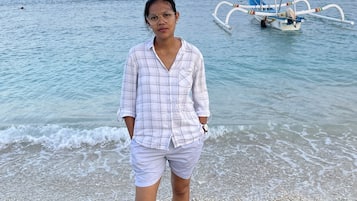 On the beach, white sand, 2 beach bars