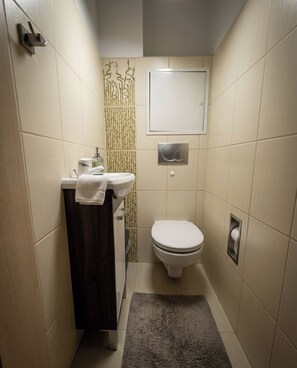 Haartrockner, Handtücher, Seife, Toilettenpapier