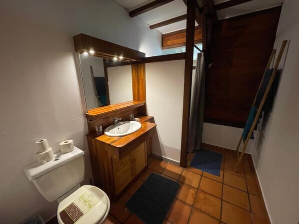 A bathroom with a toilet, sink, mirror, and wooden vanity.