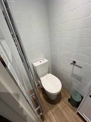 Secador de cabelo, toalhas de banho, sabonete, papel higiênico