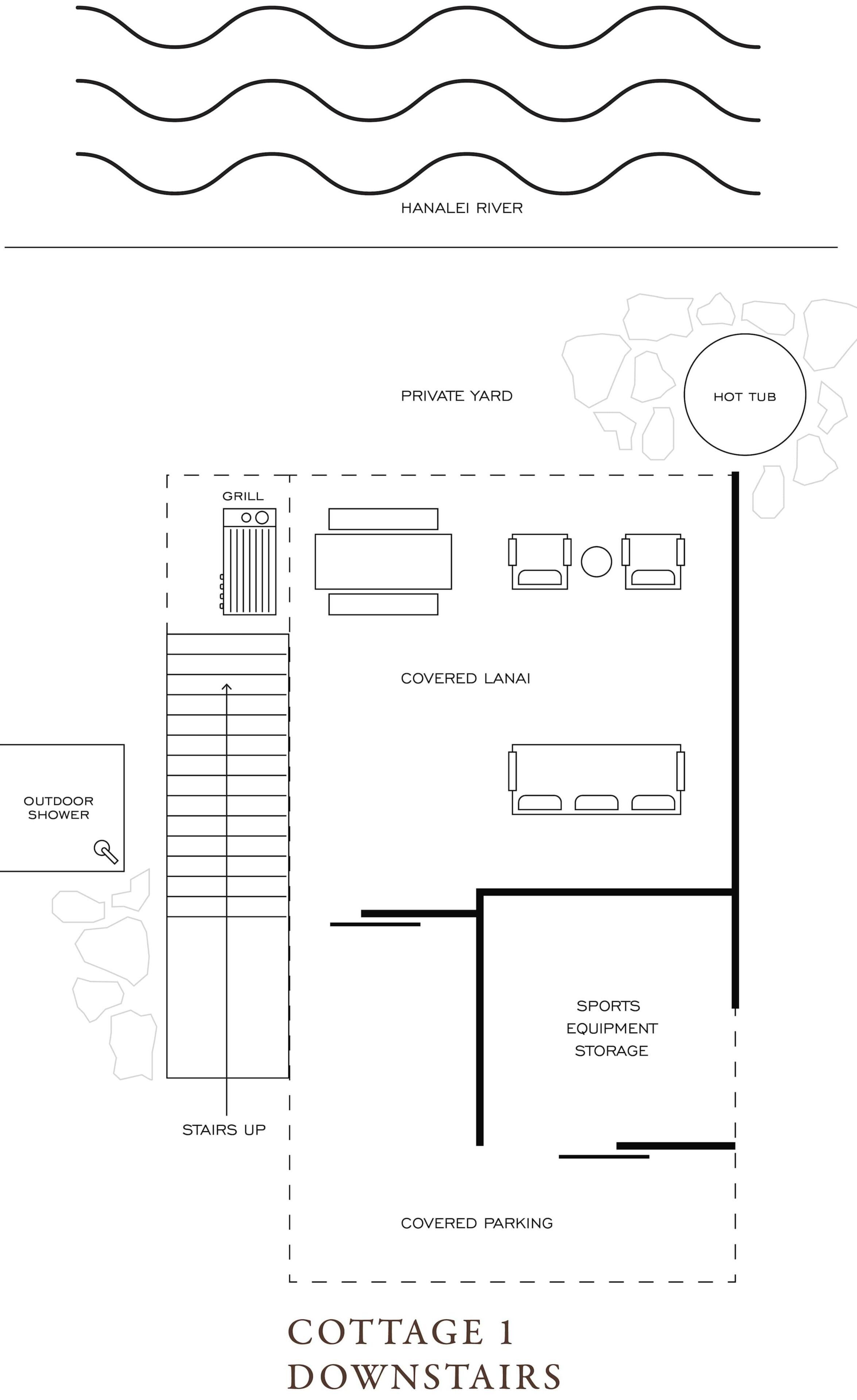 Indeling van een vakantiehuis met een overdekte veranda, buitendouche, overdekte parkeerplaats en een eigen tuin met een jacuzzi.