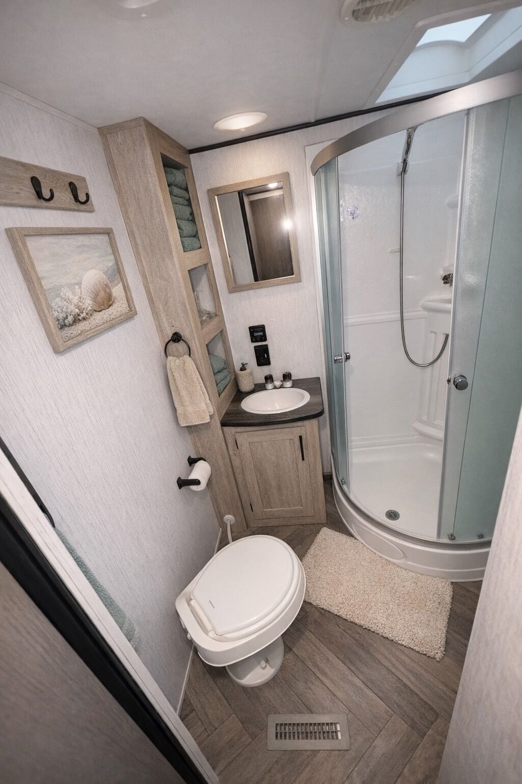 Shower, towels, soap, toilet paper