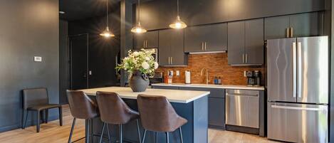 Fridge, microwave, oven, stovetop
