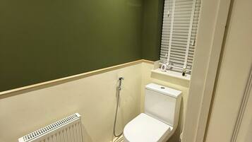 Bidet, towels, soap, shampoo