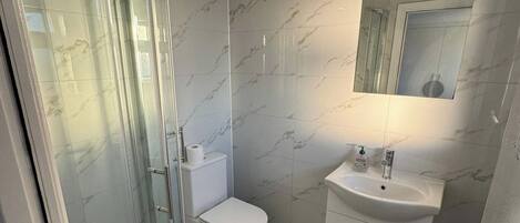 Shower, hair dryer, towels