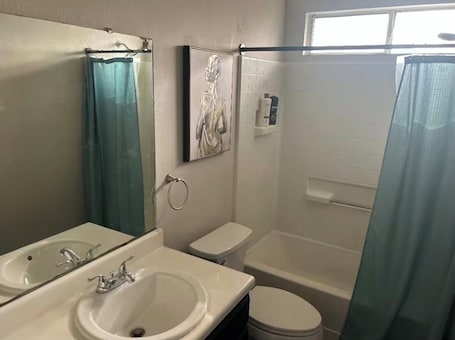 Hair dryer, towels, soap, toilet paper. Private master bedroom with private bath in a house near austin airport