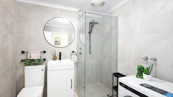 Shower, hair dryer, towels, soap