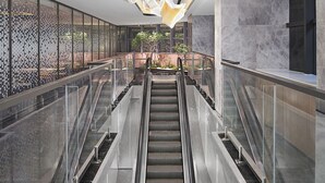 An indoor escalator with a modern design, surrounded by glass railings and a patterned wall.