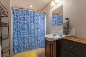 Hair dryer, towels, soap, toilet paper