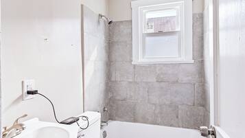 Hair dryer, towels, toilet paper