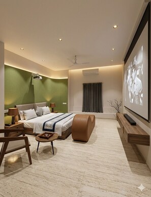 A modern hotel room with a bed, seating area, TV, and a large window. - Hotel VD Rooms Althan (Surat)