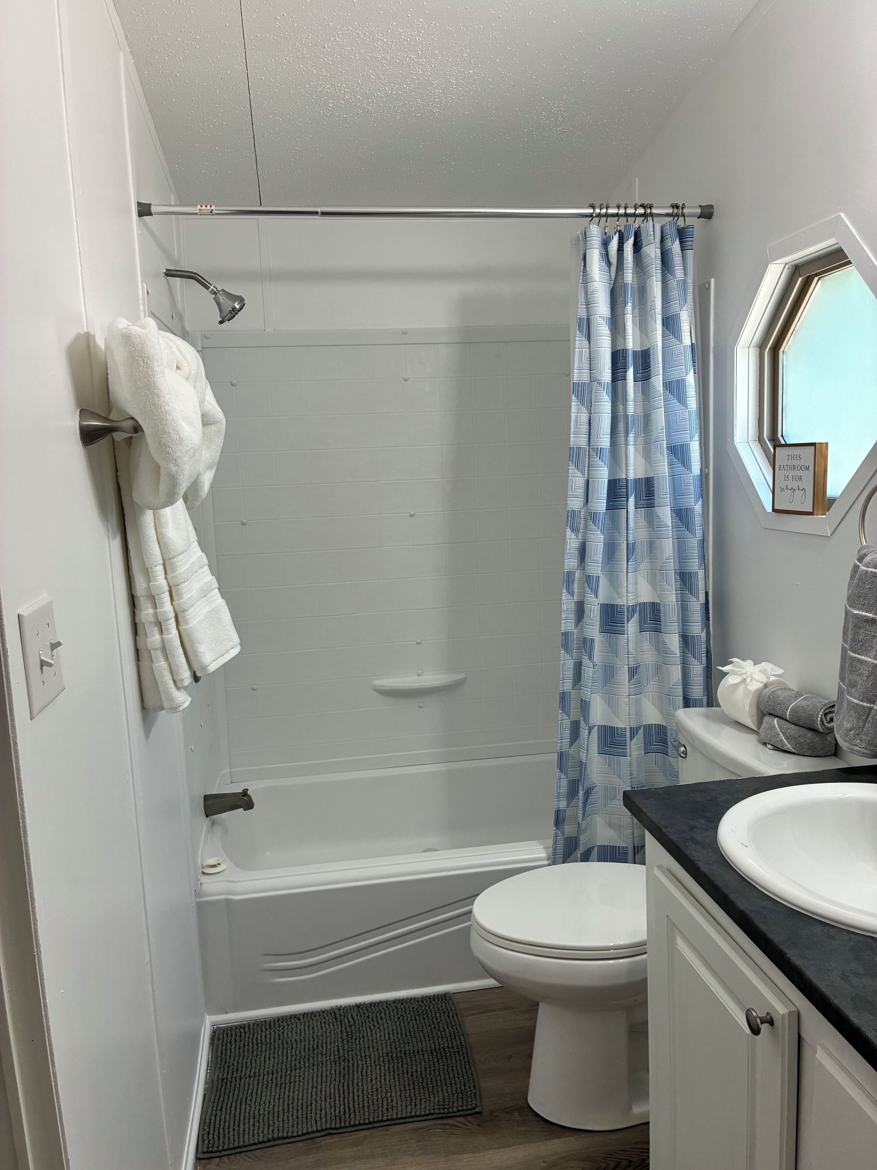 Hair dryer, towels, soap, shampoo