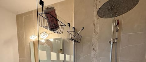 Shower, hair dryer, towels, soap