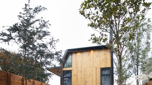 A modern building with a wooden facade, a glass door, and a small tree in the foreground. - Cabin Box Huasca (HUASCA DE OCAMPO)