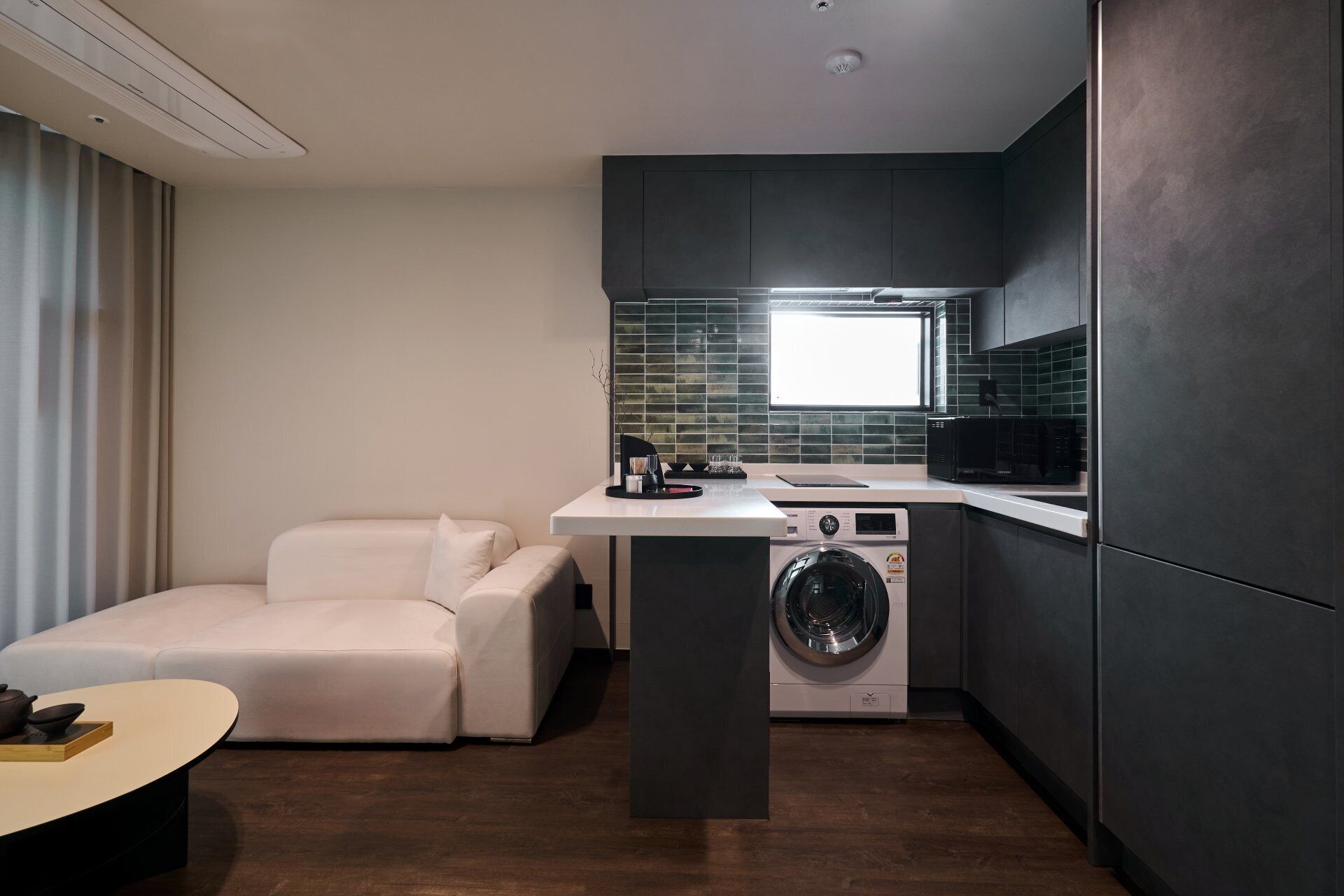 A compact living space with a sofa, a washing machine, a microwave, and a small kitchen area.