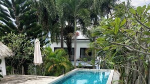 En rektangulär swimmingpool med klart, blått vatten, omgiven av grönska och en stenmur.