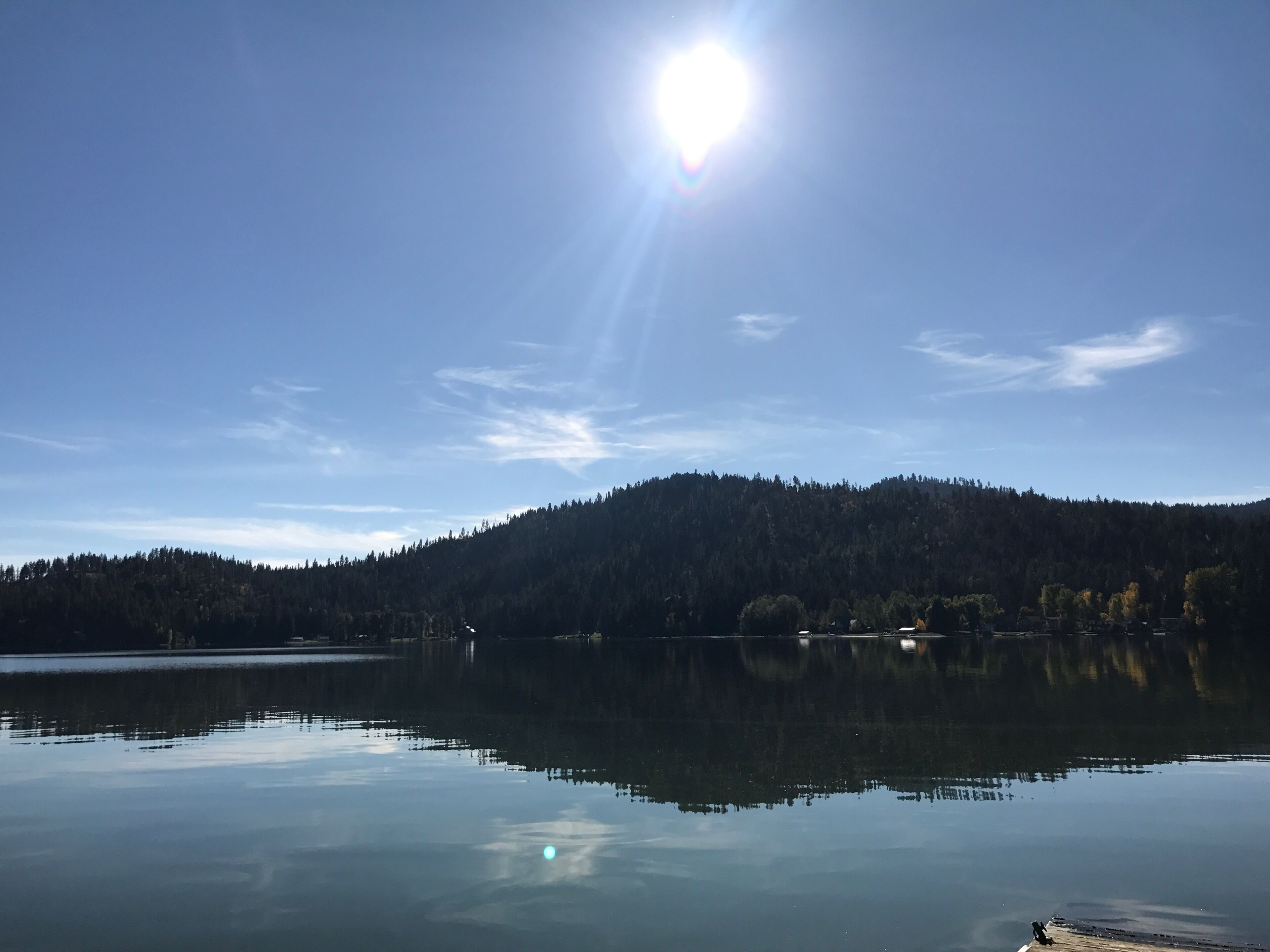 A calm lake with a clear sky and a forested hill in the background.