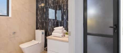 Shower, hair dryer, towels, soap
