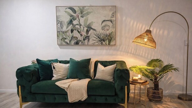En grøn sofa med puder, en gulvlampe, et indrammet botanisk tryk og et lille bord med et lys og en plante.