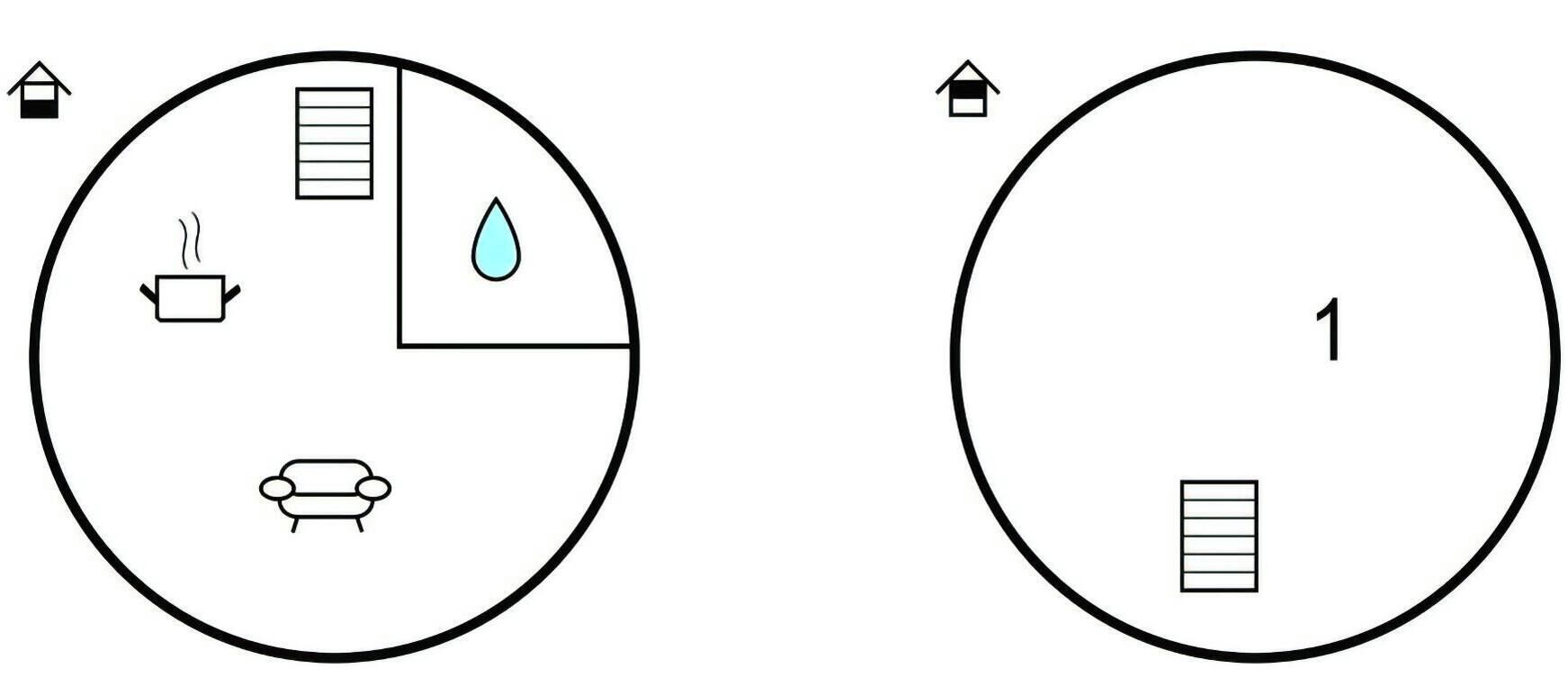 Une pièce circulaire comprenant un lit, une table de chevet, une commode et une fenêtre.
