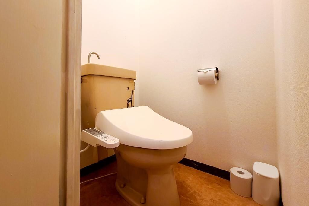 A small, compact bathroom with a toilet, a bidet, and two rolls of toilet paper.