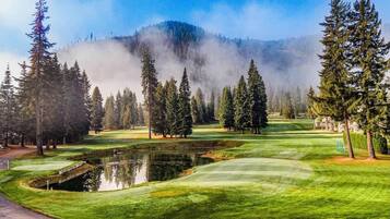 A golf course with a pond, trees, and a mountain in the background.