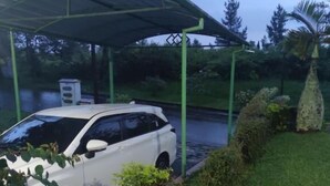 Un coche blanco estacionado bajo una estructura cubierta con techo verde, rodeado de follaje y una masa de agua.